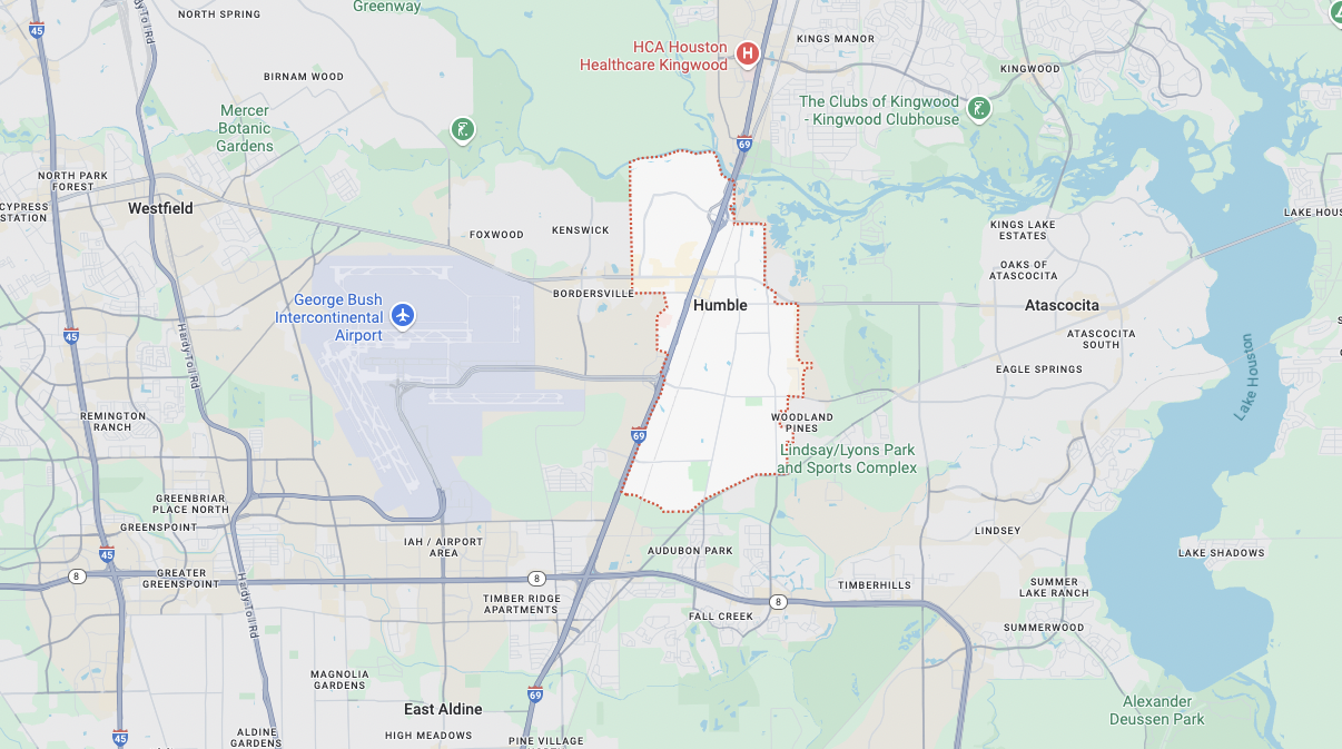Google Maps location of Fine Point Trailer Rentals at 15225 Old Humble Road, Humble, TX 77396, showing major highways I-69 and US-59, nearby areas including Kingwood and Atascocita