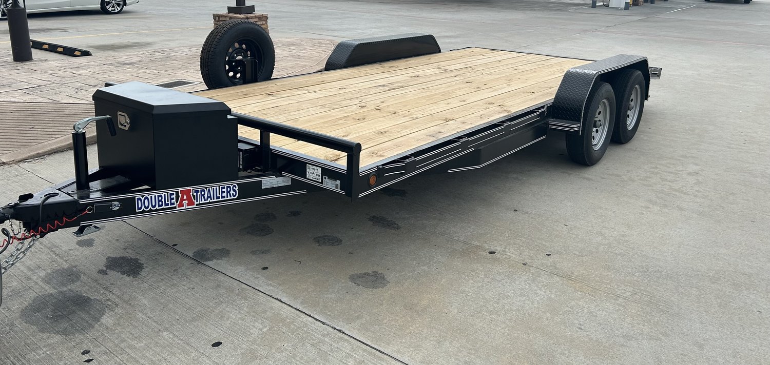 18ft car hauler flatbed trailer rental by Double A, perfect for vehicle transport in Houston area